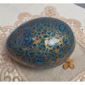 Vintage Hand-Painted Wooden Egg Trinket Box Teal Gold Black Floral
